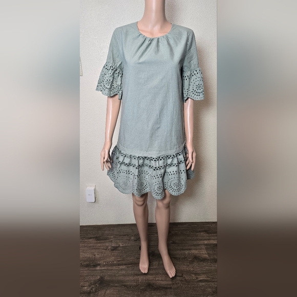 Madewell Eyelet Drop Waist Mini Dress 100% Cotton in Sage Green Size Small - Picture 10 of 11